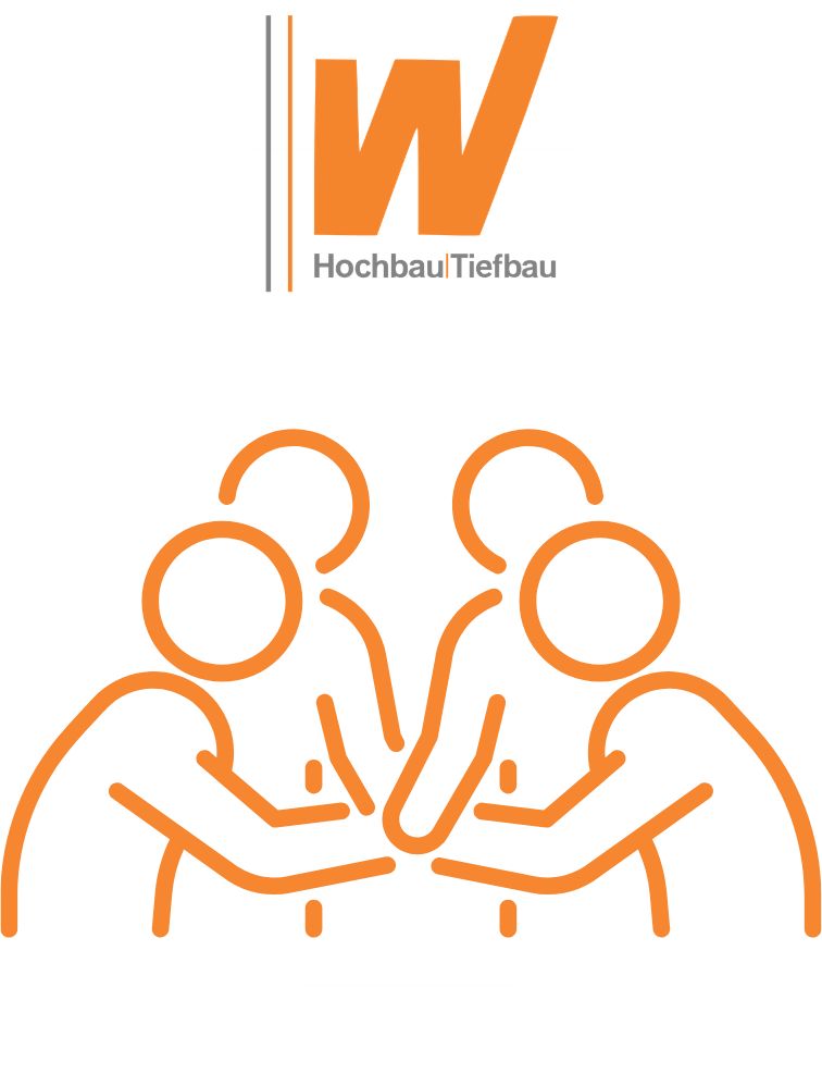 Unternehmenswerte - gemeinschaftlich im Team Zeichnung eine Gruppe Personen und das Logo Wenzel Bau